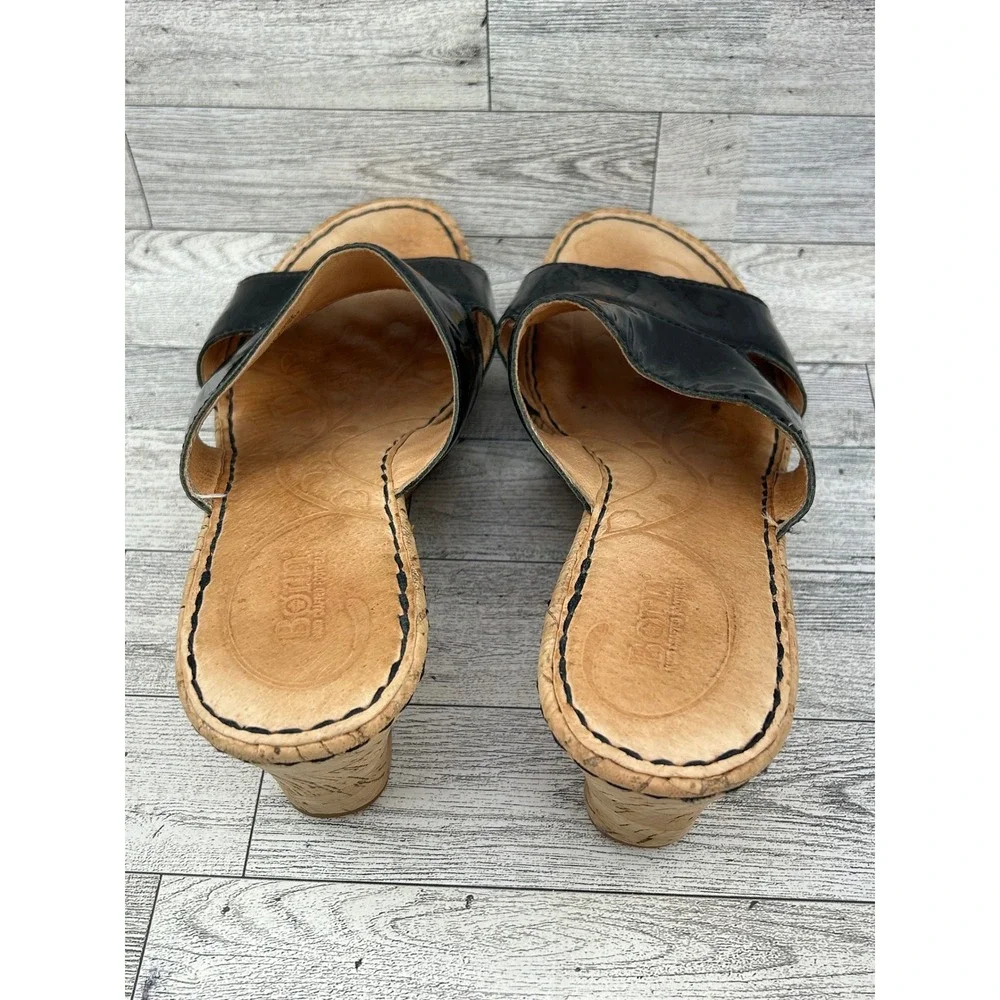 Born B94609 Black Patent Leather Cork Wedge Slide Sandals Women Sz US 10 EU 42